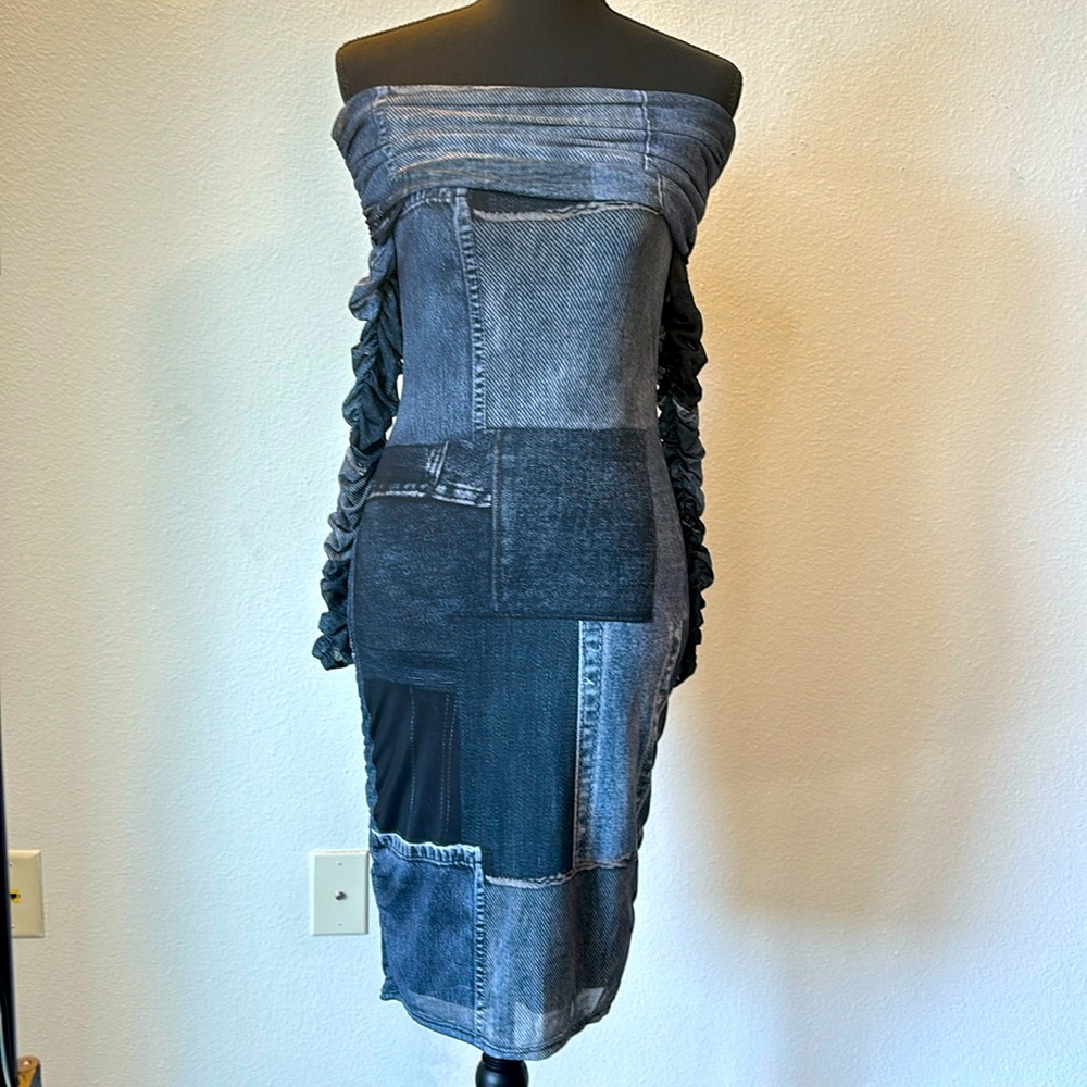 NWT: Jean Pattern Black/Blue Combo Midi Dress, Size S